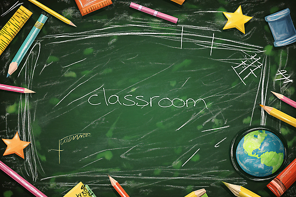 JPG 편집이미지 별 교실 색연필 사람없음 초록색 연필 지구본 칠판 낙서 분필 크레파스 스프링노트 카피스페이스 편집실사 AI컴퓨터그래픽 AI콘텐츠 자연요소 교육 컬러 학교 학용품 필기구 공책 공백 CG 초크 파일형식