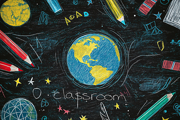 JPG 편집이미지 교실 색연필 사람없음 초록색 연필 지구본 칠판 낙서 분필 크레파스 스프링노트 카피스페이스 편집실사 AI컴퓨터그래픽 AI콘텐츠 교육 컬러 학교 학용품 필기구 공책 공백 CG 초크 파일형식