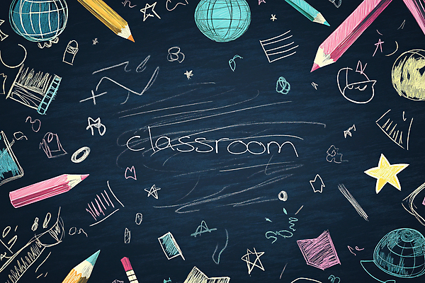 JPG 편집이미지 교실 색연필 사람없음 초록색 연필 지구본 칠판 낙서 분필 크레파스 스프링노트 별장식 카피스페이스 편집실사 AI컴퓨터그래픽 AI콘텐츠 교육 별 컬러 학교 학용품 장식 필기구 공책 공백 CG 초크 파일형식