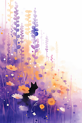 JPG 꽃밭 일러스트 자연 따뜻함 사람없음 평화 보라색 고양이 편안함 감성 국내일러스트 AI일러스트 AI콘텐츠 꽃 컬러 컨셉 포유류 반려동물 감각 생태계 파일형식