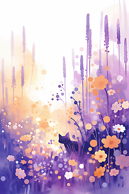 JPG 꽃밭 일러스트 자연 따뜻함 사람없음 햇빛 평화 보라색 고양이 감성 국내일러스트 AI일러스트 AI콘텐츠 꽃 컬러 컨셉 포유류 반려동물 태양 생태계 파일형식