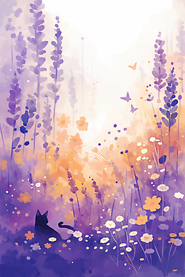 JPG 꽃밭 일러스트 자연 사람없음 평화 보라색 고양이 편안함 감성 국내일러스트 AI일러스트 AI콘텐츠 꽃 컬러 컨셉 포유류 반려동물 감각 생태계 파일형식