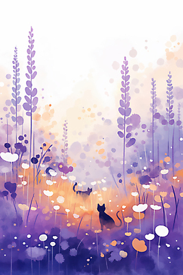 JPG 꽃밭 일러스트 자연 따뜻함 사람없음 평화 보라색 고양이 감성 국내일러스트 AI일러스트 AI콘텐츠 꽃 컬러 컨셉 포유류 반려동물 생태계 파일형식