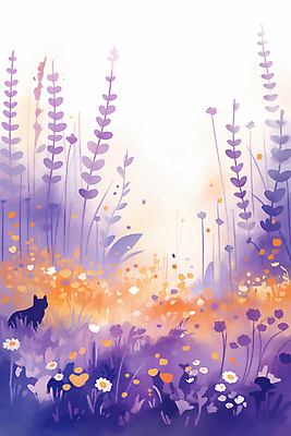 JPG 꽃밭 일러스트 자연 따뜻함 사람없음 평화 보라색 고양이 감성 국내일러스트 AI일러스트 AI콘텐츠 꽃 컬러 컨셉 포유류 반려동물 생태계 파일형식