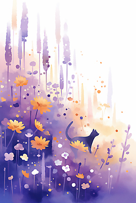 JPG 꽃밭 일러스트 자연 동화 따뜻함 사람없음 평화 보라색 고양이 감성 국내일러스트 AI일러스트 AI콘텐츠 꽃 컬러 컨셉 포유류 반려동물 생태계 파일형식