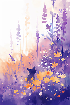 JPG 꽃밭 일러스트 자연 따뜻함 사람없음 평화 보라색 고양이 감성 국내일러스트 AI일러스트 AI콘텐츠 꽃 컬러 컨셉 포유류 반려동물 생태계 파일형식