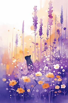 JPG 꽃밭 일러스트 자연 동화 따뜻함 사람없음 평화 보라색 고양이 감성 국내일러스트 AI일러스트 AI콘텐츠 꽃 컬러 컨셉 포유류 반려동물 생태계 파일형식