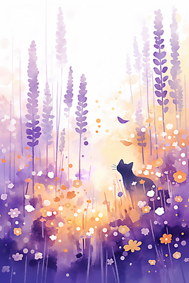 JPG 꽃밭 일러스트 자연 따뜻함 사람없음 평화 보라색 고양이 감성 환상 국내일러스트 AI일러스트 AI콘텐츠 꽃 컬러 컨셉 포유류 반려동물 생태계 파일형식