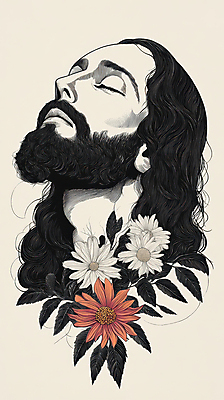 JPG 남자 꽃 종교 얼굴 일러스트 한명 상반신 성인 눈감음 예수 초상화 성인남자한명만 국내일러스트 AI일러스트 AI콘텐츠 식물 1 모션 사람 신체부위 신_종교 그림 남자한명만 성인남자만 파일형식