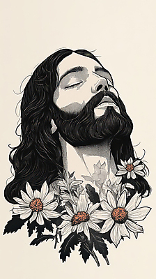 JPG 남자 꽃 종교 얼굴 일러스트 한명 상반신 성인 눈감음 예수 초상화 성인남자한명만 국내일러스트 AI일러스트 AI콘텐츠 식물 1 모션 사람 신체부위 신_종교 그림 남자한명만 성인남자만 파일형식