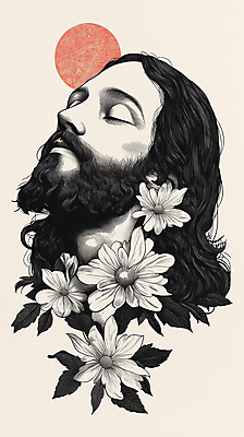 JPG 남자 꽃 종교 얼굴 일러스트 한명 상반신 성인 눈감음 예수 초상화 성인남자한명만 국내일러스트 AI일러스트 AI콘텐츠 식물 1 모션 사람 신체부위 신_종교 그림 남자한명만 성인남자만 파일형식