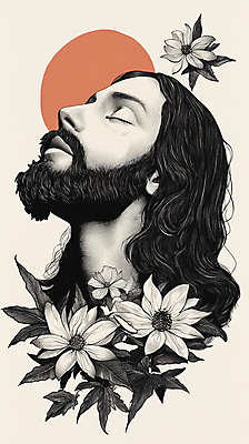 JPG 남자 꽃 종교 얼굴 일러스트 한명 상반신 성인 눈감음 예수 초상화 성인남자한명만 국내일러스트 AI일러스트 AI콘텐츠 식물 1 모션 사람 신체부위 신_종교 그림 남자한명만 성인남자만 파일형식