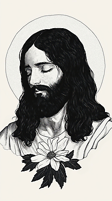 JPG 남자 꽃 종교 얼굴 일러스트 한명 상반신 성인 눈감음 예수 초상화 성인남자한명만 국내일러스트 AI일러스트 AI콘텐츠 식물 1 모션 사람 신체부위 신_종교 그림 남자한명만 성인남자만 파일형식