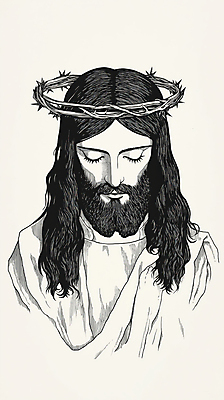 JPG 남자 종교 얼굴 일러스트 한명 상반신 성인 눈감음 예수 가시면류관 초상화 성인남자한명만 국내일러스트 AI일러스트 AI콘텐츠 1 종교용품 모션 사람 신체부위 신_종교 그림 남자한명만 성인남자만 파일형식