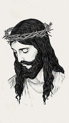 JPG 남자 종교 얼굴 일러스트 한명 상반신 성인 눈감음 예수 가시면류관 초상화 성인남자한명만 국내일러스트 AI일러스트 AI콘텐츠 1 종교용품 모션 사람 신체부위 신_종교 그림 남자한명만 성인남자만 파일형식