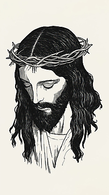 JPG 남자 종교 얼굴 일러스트 한명 상반신 성인 눈감음 예수 가시면류관 초상화 성인남자한명만 국내일러스트 AI일러스트 AI콘텐츠 1 종교용품 모션 사람 신체부위 신_종교 그림 남자한명만 성인남자만 파일형식