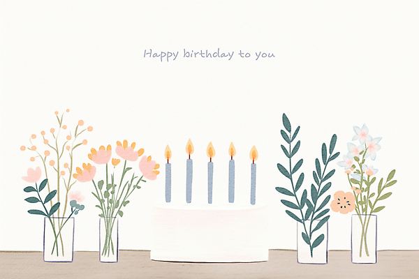 PSD 꽃 잎 일러스트 촛불 사람없음 케이크 꽃병 기쁨 축하 메시지 크림 심플 생일축하 해피버스데이 카피스페이스 국내일러스트 식물 감정 컨셉 초 디저트 공백 생일 파일형식