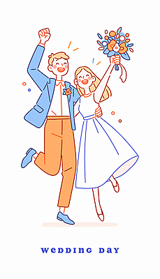 전신 부부 여자 남자 행복 부케 웨딩드레스 신랑 일러스트 결혼식 면사포 사랑 웃음 성인 두명 손들기 축하 감싸기 성인만 국내일러스트 AI파일 커플 드레스 감정 꽃다발 결혼 컨셉 모션 표정 사람 결혼소품 파일형식 벡터