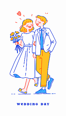 전신 부부 여자 남자 행복 부케 웨딩드레스 일러스트 결혼식 면사포 사랑 웃음 성인 두명 걷기 팔짱 하트 연결 성인만 국내일러스트 AI파일 모양 커플 드레스 감정 꽃다발 결혼 모션 표정 사람 결혼소품 파일형식 벡터