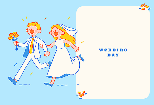 전신 부부 여자 남자 행복 부케 웨딩드레스 하늘색 일러스트 결혼식 면사포 사랑 웃음 들기 성인 두명 로맨틱 청첩장 성인만 국내일러스트 AI파일 커플 드레스 감정 꽃다발 결혼 컨셉 모션 카드_감사 표정 사람 파란색 결혼소품 파일형식 벡터