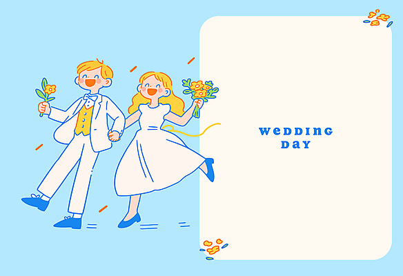 전신 부부 여자 남자 행복 부케 웨딩드레스 하늘색 신랑 일러스트 결혼식 면사포 사랑 웃음 성인 두명 손잡기 청첩장 성인만 국내일러스트 AI파일 커플 드레스 감정 꽃다발 결혼 모션 카드_감사 표정 사람 파란색 결혼소품 파일형식 벡터