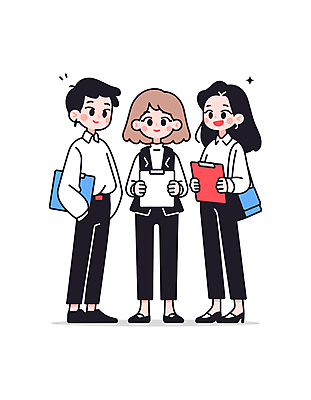 전신 여자 남자 가방 일러스트 회사 비즈니스 커뮤니케이션 협력 대화 미소 들기 정장 성인 세명 직장인 그룹 동료 엘리먼트 인턴 성인만 일러캐릭터 AI파일 직업 캐릭터 잡화 옷 관계 모션 표정 말하기 사람 파일형식 벡터
