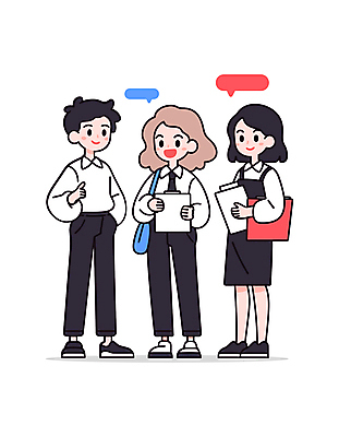 전신 여자 남자 말풍선 가방 일러스트 회사 비즈니스 커뮤니케이션 협력 대화 미소 들기 정장 성인 세명 직장인 그룹 동료 엘리먼트 인턴 성인만 일러캐릭터 AI파일 직업 캐릭터 잡화 옷 관계 모션 표정 말하기 사람 파일형식 벡터