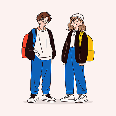 전신 학생 커플 여자 남자 가방 일러스트 청소년 웃음 두명 파란색 친구 우정 주머니손 비니 소통 십대만 안경낌 일러캐릭터 AI파일 캐릭터 모자_잡화 잡화 안경 컬러 컨셉 관계 모션 표정 사람 파일형식 벡터
