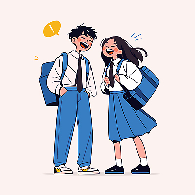 전신 학생 커플 여자 남자 교복 말풍선 가방 일러스트 청소년 웃음 두명 파란색 친구 우정 주머니손 소통 십대만 일러캐릭터 AI파일 캐릭터 잡화 옷 컬러 컨셉 관계 모션 표정 사람 파일형식 벡터