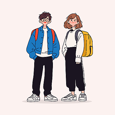 전신 학생 커플 여자 남자 가방 일러스트 청소년 웃음 두명 파란색 친구 우정 주머니손 소통 십대만 안경낌 일러캐릭터 AI파일 캐릭터 잡화 안경 컬러 컨셉 관계 모션 표정 사람 파일형식 벡터