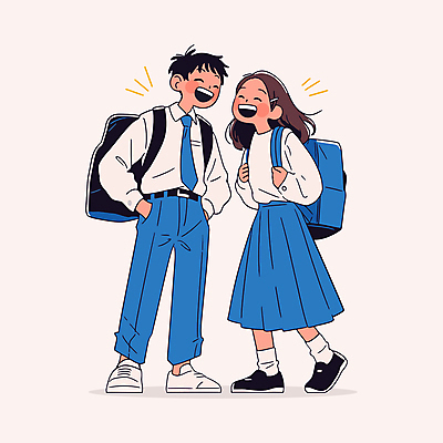 전신 학생 커플 여자 남자 교복 가방 일러스트 청소년 웃음 두명 파란색 친구 우정 주머니손 소통 십대만 일러캐릭터 AI파일 캐릭터 잡화 옷 컬러 컨셉 관계 모션 표정 사람 파일형식 벡터
