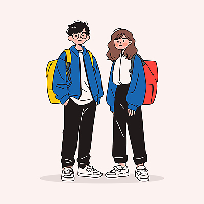 전신 학생 커플 여자 남자 가방 일러스트 청소년 웃음 두명 파란색 친구 우정 주머니손 소통 십대만 안경낌 일러캐릭터 AI파일 캐릭터 잡화 안경 컬러 컨셉 관계 모션 표정 사람 파일형식 벡터