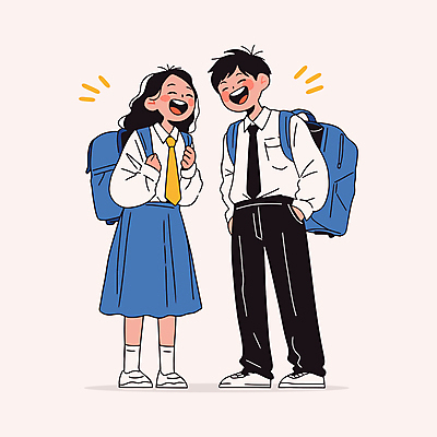 전신 학생 커플 여자 남자 교복 가방 일러스트 청소년 웃음 두명 파란색 친구 우정 주머니손 십대만 일러캐릭터 AI파일 캐릭터 잡화 옷 컬러 관계 모션 표정 사람 파일형식 벡터