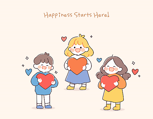 전신 여자 남자 행복 어린이 일러스트 안기 따뜻함 사랑 들기 소녀 소년 세명 귀여움 하트 감성 어린이만 일러캐릭터 AI파일 모양 캐릭터 감정 컨셉 모션 사람 파일형식 벡터