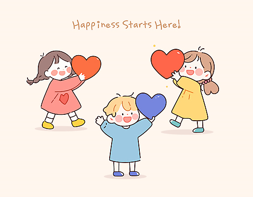 전신 여자 남자 행복 어린이 일러스트 따뜻함 사랑 들기 소녀 소년 세명 귀여움 하트 감성 어린이만 일러캐릭터 AI파일 모양 캐릭터 감정 컨셉 모션 사람 파일형식 벡터