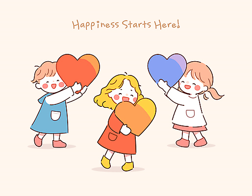 전신 여자 행복 어린이 일러스트 따뜻함 사랑 들기 소녀 세명 귀여움 하트 감성 소녀만 일러캐릭터 AI파일 모양 캐릭터 감정 컨셉 모션 사람 여자만 어린이만 파일형식 벡터
