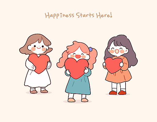 전신 여자 행복 어린이 일러스트 안기 따뜻함 사랑 들기 소녀 세명 귀여움 하트 감성 소녀만 일러캐릭터 AI파일 모양 캐릭터 감정 컨셉 모션 사람 여자만 어린이만 파일형식 벡터