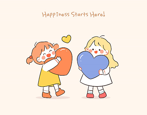 전신 여자 행복 어린이 일러스트 안기 따뜻함 사랑 들기 소녀 두명 귀여움 하트 감성 소녀만 일러캐릭터 AI파일 모양 캐릭터 감정 컨셉 모션 사람 여자만 어린이만 파일형식 벡터