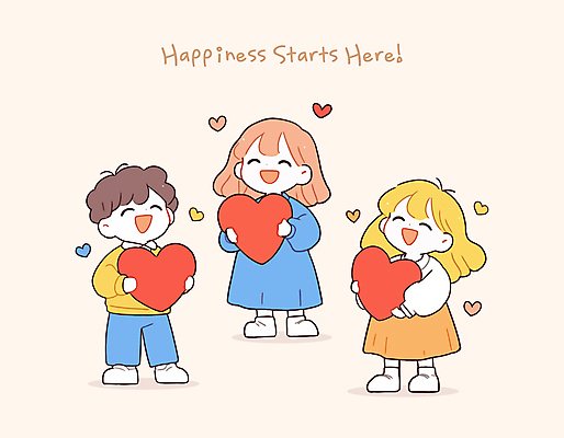 전신 여자 남자 행복 어린이 일러스트 안기 따뜻함 사랑 들기 소녀 소년 세명 귀여움 하트 감성 어린이만 일러캐릭터 AI파일 모양 캐릭터 감정 컨셉 모션 사람 파일형식 벡터