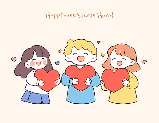 여자 남자 행복 어린이 일러스트 안기 따뜻함 사랑 웃음 들기 소녀 소년 상반신 세명 귀여움 하트 감성 어린이만 일러캐릭터 AI파일 모양 캐릭터 감정 컨셉 모션 표정 사람 파일형식 벡터