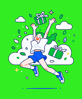 전신 구름 여자 행복 잎 일러스트 선물 한명 성인 연두색 선물상자 점프 기쁨 만세 즐거움 활기 성인여자한명만 국내일러스트 AI파일 자연요소 식물 1 감정 컨셉 모션 사람 초록색 상자 여자한명만 성인여자만 파일형식 벡터