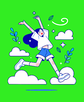 전신 구름 여자 행복 잎 일러스트 한명 성인 연두색 반짝임 점프 기쁨 만세 즐거움 활기 성인여자한명만 국내일러스트 AI파일 자연요소 식물 1 감정 컨셉 모션 사람 초록색 여자한명만 성인여자만 파일형식 벡터