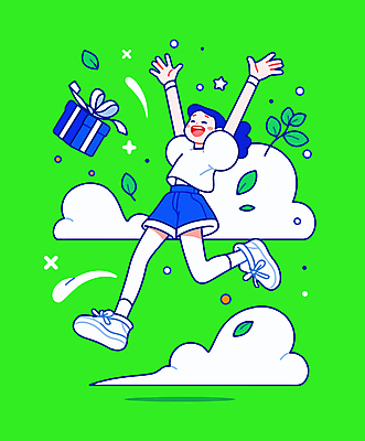 전신 구름 여자 행복 잎 일러스트 선물 한명 성인 연두색 선물상자 반짝임 점프 기쁨 만세 즐거움 활기 성인여자한명만 국내일러스트 AI파일 자연요소 식물 1 감정 컨셉 모션 사람 초록색 상자 여자한명만 성인여자만 파일형식 벡터