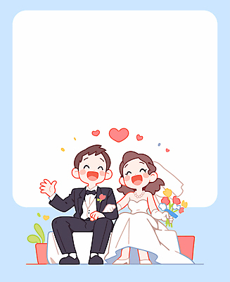 전신 캐릭터 부부 여자 남자 행복 부케 웨딩드레스 하늘색 신랑 일러스트 결혼식 사랑 웃음 들기 앉기 성인 두명 손들기 로맨틱 하트 성인만 국내일러스트 일러캐릭터 AI파일 카드프레임 모양 커플 드레스 감정 꽃다발 결혼 컨셉 모션 프레임 표정 사람 파란색 파일형식 벡터