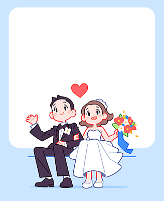 전신 캐릭터 부부 여자 남자 행복 부케 웨딩드레스 하늘색 신랑 일러스트 결혼식 사랑 웃음 들기 앉기 성인 두명 손들기 로맨틱 하트 성인만 국내일러스트 일러캐릭터 AI파일 카드프레임 모양 커플 드레스 감정 꽃다발 결혼 컨셉 모션 프레임 표정 사람 파란색 파일형식 벡터