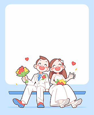 전신 캐릭터 부부 여자 남자 행복 부케 웨딩드레스 하늘색 신랑 일러스트 결혼식 사랑 웃음 들기 앉기 성인 두명 로맨틱 하트 성인만 국내일러스트 일러캐릭터 AI파일 카드프레임 모양 커플 드레스 감정 꽃다발 결혼 컨셉 모션 프레임 표정 사람 파란색 파일형식 벡터