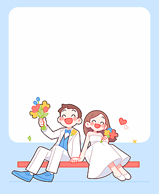 전신 캐릭터 부부 여자 남자 행복 부케 웨딩드레스 하늘색 신랑 일러스트 결혼식 사랑 웃음 들기 앉기 성인 두명 로맨틱 하트 성인만 국내일러스트 일러캐릭터 AI파일 카드프레임 모양 커플 드레스 감정 꽃다발 결혼 컨셉 모션 프레임 표정 사람 파란색 파일형식 벡터