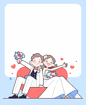 전신 캐릭터 부부 여자 남자 행복 부케 웨딩드레스 하늘색 신랑 일러스트 결혼식 사랑 웃음 들기 앉기 성인 두명 로맨틱 하트 손뻗기 성인만 국내일러스트 일러캐릭터 AI파일 카드프레임 모양 커플 드레스 감정 꽃다발 결혼 컨셉 모션 프레임 표정 사람 파란색 파일형식 벡터