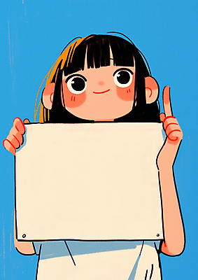 JPG 여자 종이 어린이 하늘색 일러스트 한명 들기 소녀 상반신 팻말 가리킴 소녀한명만 카피스페이스 국내일러스트 AI일러스트 AI콘텐츠 1 모션 프레임 사람 손짓 파란색 공백 여자한명만 소녀만 파일형식