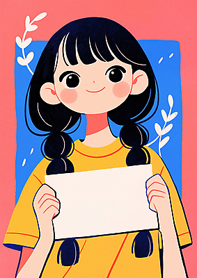 JPG 여자 종이 어린이 분홍색 잎 일러스트 한명 미소 들기 소녀 상반신 팻말 소녀한명만 카피스페이스 국내일러스트 AI일러스트 AI콘텐츠 식물 1 컬러 모션 프레임 표정 사람 공백 여자한명만 소녀만 파일형식